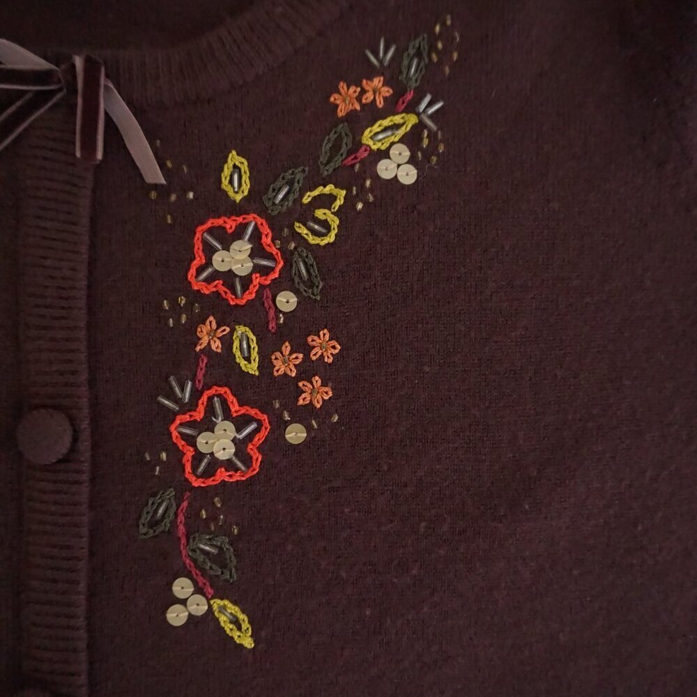 VTG Sag Harbor Brown Floral Embroidered Sequin Ribbon Button Knit Cardigan L - Picture 6 of 12